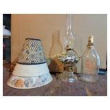 Oil lamp w/buttons, milk bottle lamp and shades