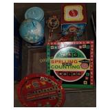 Jack-in-the-box, spell/count boards, vintage toys