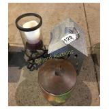 Glass jar, glass candle holder, and small tin