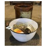 Enameled bowl & 9" tall wood bucket