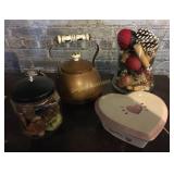 Glass vase w/ decor, copper kettle, Ceramic h