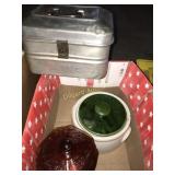 Tin lunch pale, ceramic and glass bowl