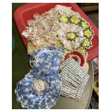 Tote of doilies, fabric and more