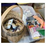 Basket & tote of sewing supplies, cutting board
