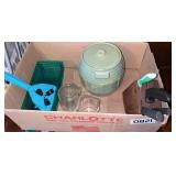 Knives in box, measuring cups, pot, and more