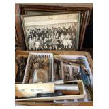 Misc silverware, knives, kitchenware and pictures