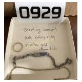 Sterling bracelet, 10k baby ring , gold ? Chain
