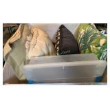 Throw pillows and cake storage container