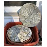 Garden decor, clay pots and plastic bucket