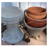 Concrete bird bath stand, clay and plastic