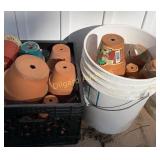 Milk crate, bucket, and misc clay pots