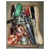 Cast iron frog, bar tools, kitchen utensils, more