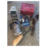 Beer Stein, metal lunch box, head phones, & misc