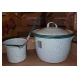 Enamel pot with dipper, artificial flower
