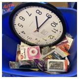 Tote with clock, sewing supplies, and more