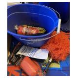 Bucket, misc cleaning supplies, office supplies