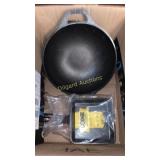 Lodge cast iron skillet, mini wok and cleaner