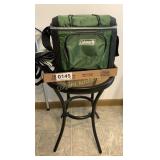 Coleman travel cooler and glass top end stand