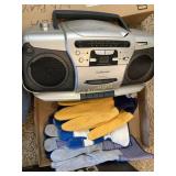 Emerson boom box, work gloves, electric kettle
