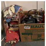 Misc pots and pans, cook books, and towels