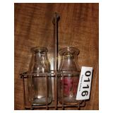 Milk bottles (1 Wooster, OH) and carrier