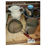 Atlas blue jar, Longaberger pitcher, sifters, more