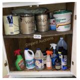 (2) shelves of paint, cleaning supplies and more