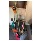 Worx weed trimmer, flag, umbrella, tomato cages