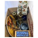 Clock, candle holders, plate, more
