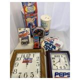 Pepsi clocks, coin bank, more