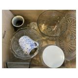 Glass serving dishes, Spongeware pitcher, more