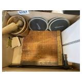 Wood pedestal & Mortar, paper cutter, scale