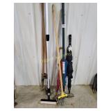 Post hole digger, umbrellas, rake,  more