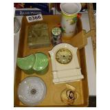 Hat pin holder, soapstone, Lenox clock, more
