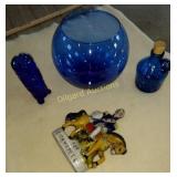 Cobalt blue glass hat, pin holder, more