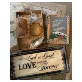 Bible verse sign, bus driver sign, and plates