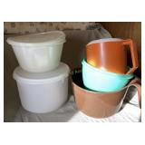 Plastic bowls, spice rack, pitcher and more