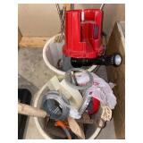 Gardening tools, (2) buckets, more