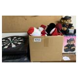 Dart board, Ceramic bear, stuffed animals, more