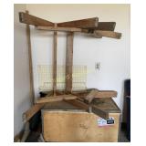 Wooden box, wooden saw horses and misc 2x4s
