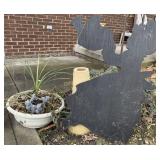 Bird bath stand, wooden figure, and planter