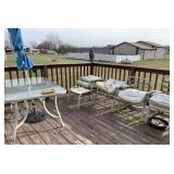 (4) Patio chairs, foot rest, table and umbrellas