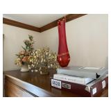 Picture frames, vase, floral arrangements
