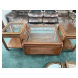 Glass top wood coffee table, (2) end tables