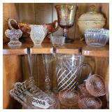 Pink depression glassware,  pitcher and more