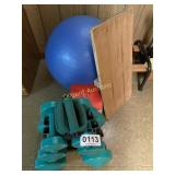 Exercise ball, weights, balance board