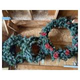 Wreaths, garland, tree stand, Christmas decor