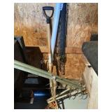 Cultivator, Shovel, shepherds hook, PVC pipe