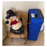 Suitcase, Clock radio, and doll chair