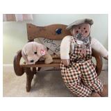 Doll Bench, stuffed dolls, sign